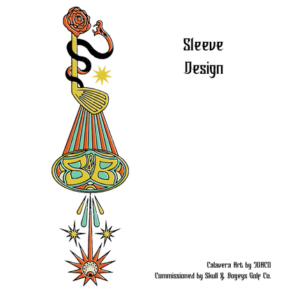 A sleeve design illustration featuring a stylized snake wrapped around a golf club, with a rose at the top and decorative geometric and starburst motifs below, shown on a white background with text reading &