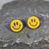 Hand-painted wooden smiley face dangle earrings with retro happy face design and hypoallergenic sterling silver hooks, fun nostalgic statement jewelry for playful style lovers