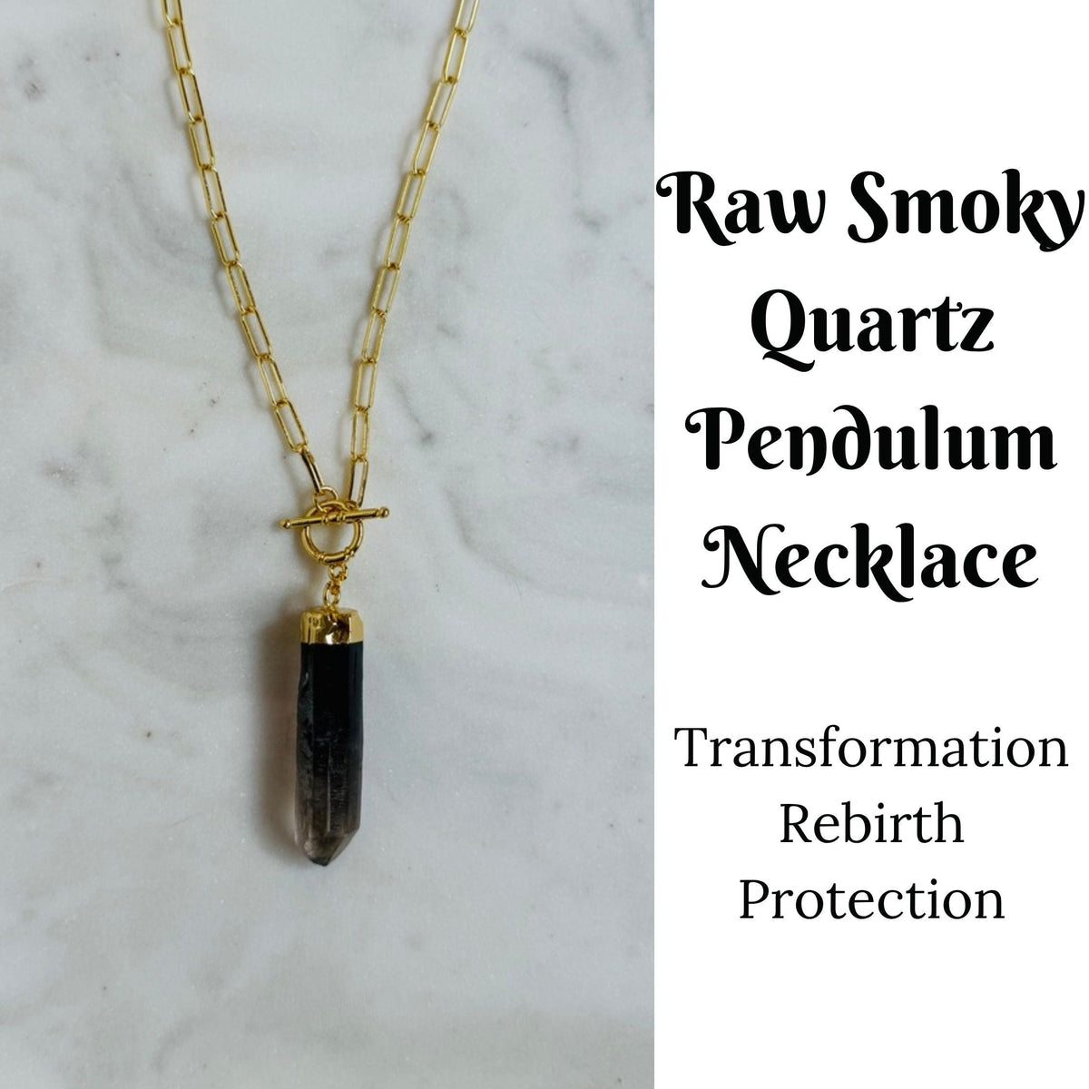 A gold chain necklace with a raw smoky quartz pendant, displayed on a white marble background with text on the right reading &
