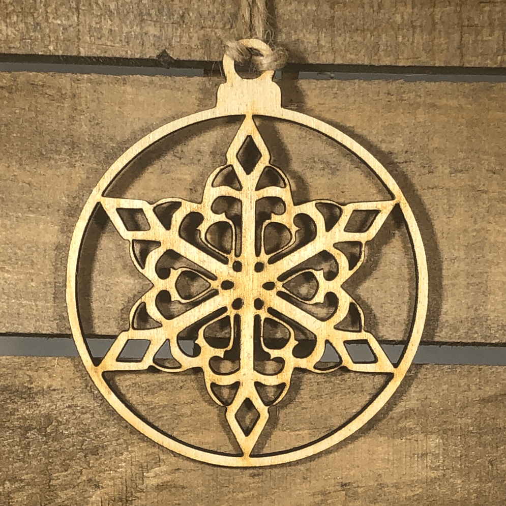 Hand-painted wooden snowflake circle Christmas ornament with intricate winter design and lightweight festive decor, elegant holiday tree decoration gift for seasonal and winter lovers