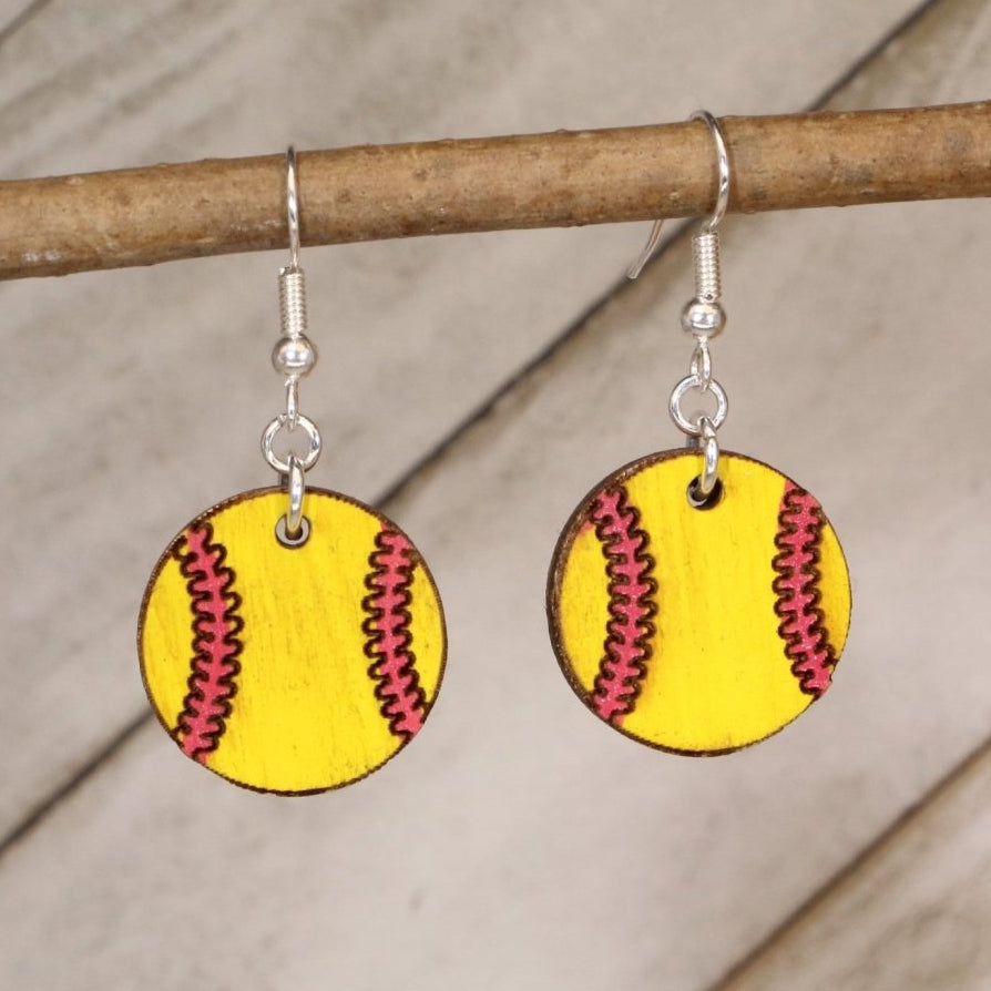 Hand-painted wooden softball dangle earrings with classic sports design and hypoallergenic sterling silver hooks, lightweight softball statement jewelry earrings for players, fans, and softball moms