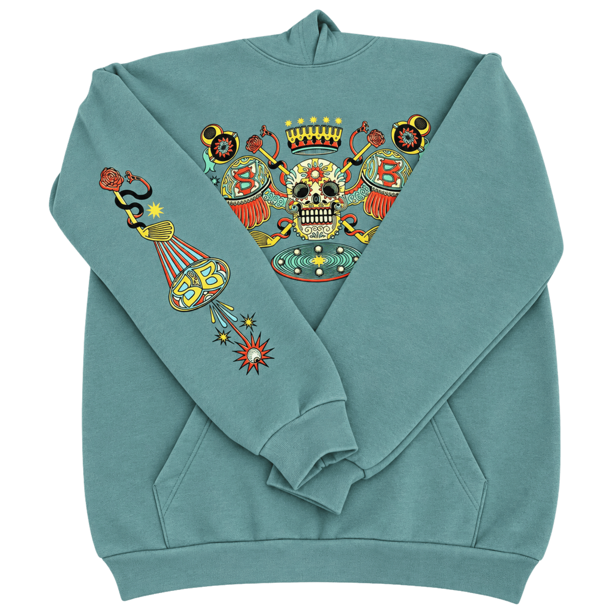 An Arctic  Blue Skull &amp; Bogeys Golf Co. crewneck sweatshirt with a large, colorful graphic print on the chest and left sleeve. The graphic features a central skull surrounded by crossed swords, a crown, and a hot air balloon with stars and a snake.