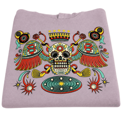 A folded light purple sweatshirt featuring a large, colorful graphic print of a sugar skull, crossed mallets, and a circular target design.