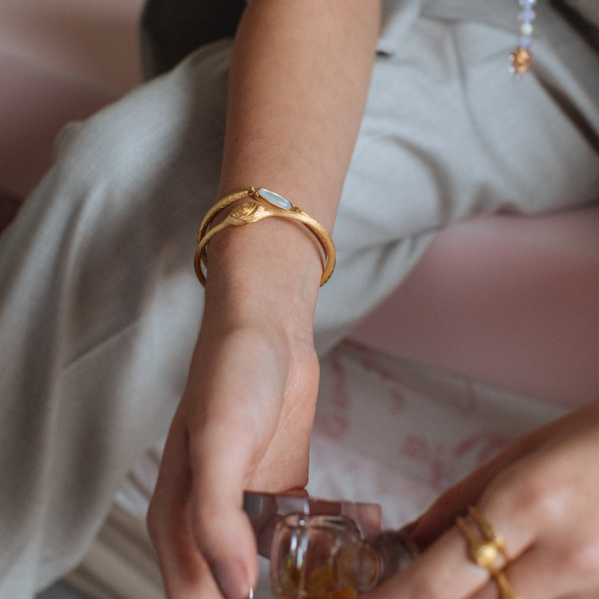 Mother of Pearl Gold Orange Blossom Bangle Bracelet