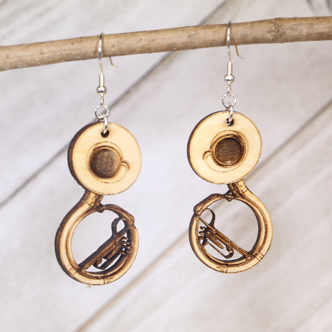 Hand-painted wooden sousaphone dangle earrings with detailed marching band instrument design, lightweight hypoallergenic jewelry for band members, musicians, and proud band moms