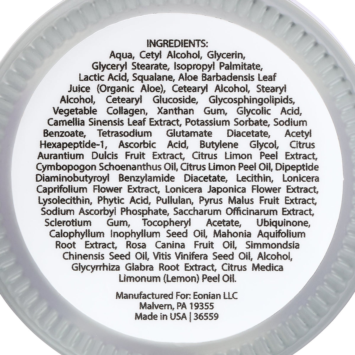 Eonian Skincare bottom of the container ingredient list for sovereign strength cream for men over 40 years old