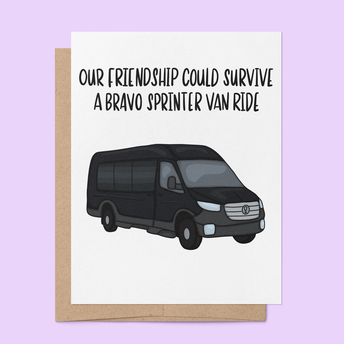 Bravo Sprinter Van love and friendship card with A2 kraft envelope — best friend card by indie artist MangoIllustrated