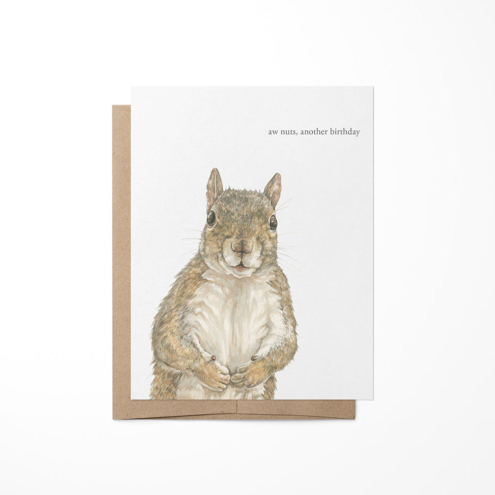 A greeting card featuring a watercolor painting of a squirrel, with a blank inside and a Kraft envelope.