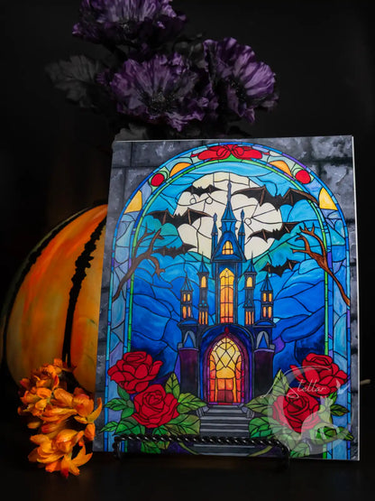 Gothic Castle Stained Glass Acrylic Painting: Dark Fantasy Vampire Decor, Original Hand-Painted Art