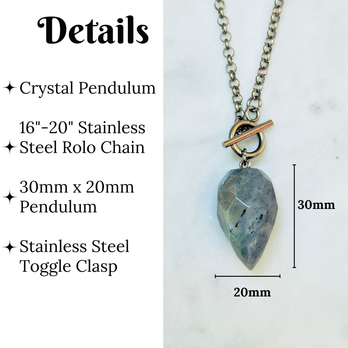 Crystal pendant necklace with a silver-tone chain and toggle clasp, shown on a light background with text detailing product measurements and materials.