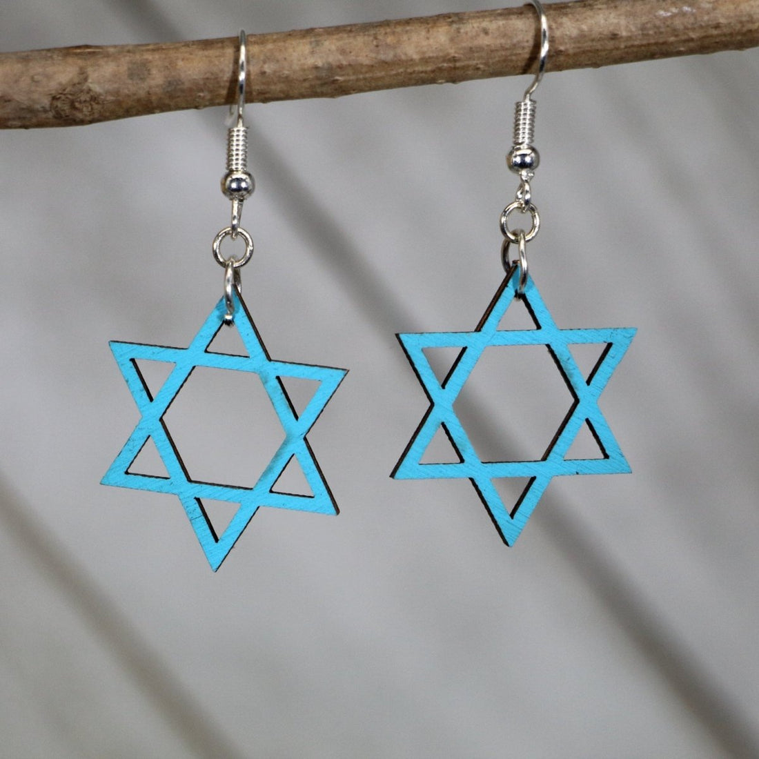 Hand-painted wooden Star of David dangle earrings featuring a classic six-pointed Jewish symbol design with clean geometric lines and hypoallergenic sterling silver hooks, lightweight jewelry for faith expression and cultural pride by Cate’s Concepts