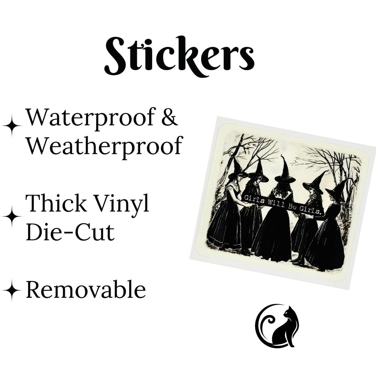 Promotional graphic for Halloween stickers featuring witch characters. The text highlights key features: &