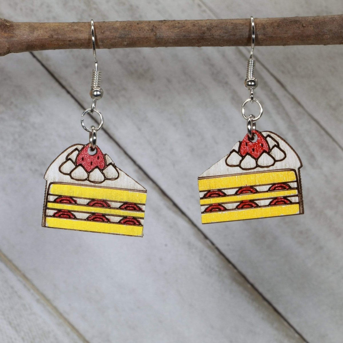 Hand-painted wooden strawberry shortcake dangle earrings with sweet dessert design and hypoallergenic sterling silver hooks, lightweight bakery statement jewelry earrings for food lovers and cute retro style