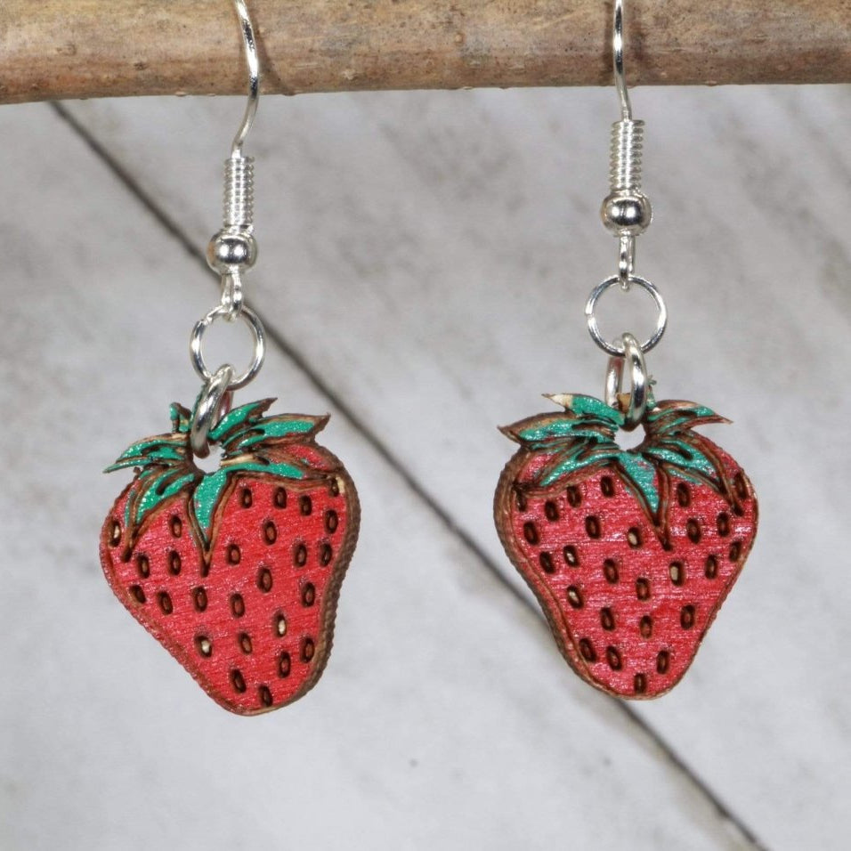 Hand-painted wooden strawberry dangle earrings with sweet fruit design and hypoallergenic sterling silver hooks, lightweight strawberry statement jewelry earrings for summer lovers