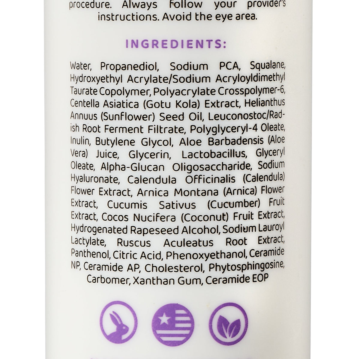 Eonian Skincare Sensitive Recovery Cream back of the pump with ingredients. 