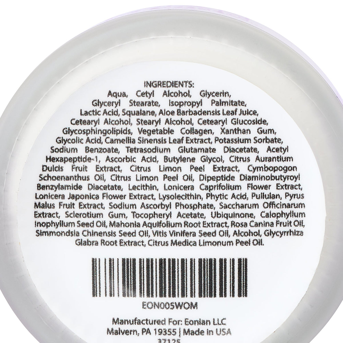 Eonain Skincare  daily moisturizer bottom of the container ingredient list. 