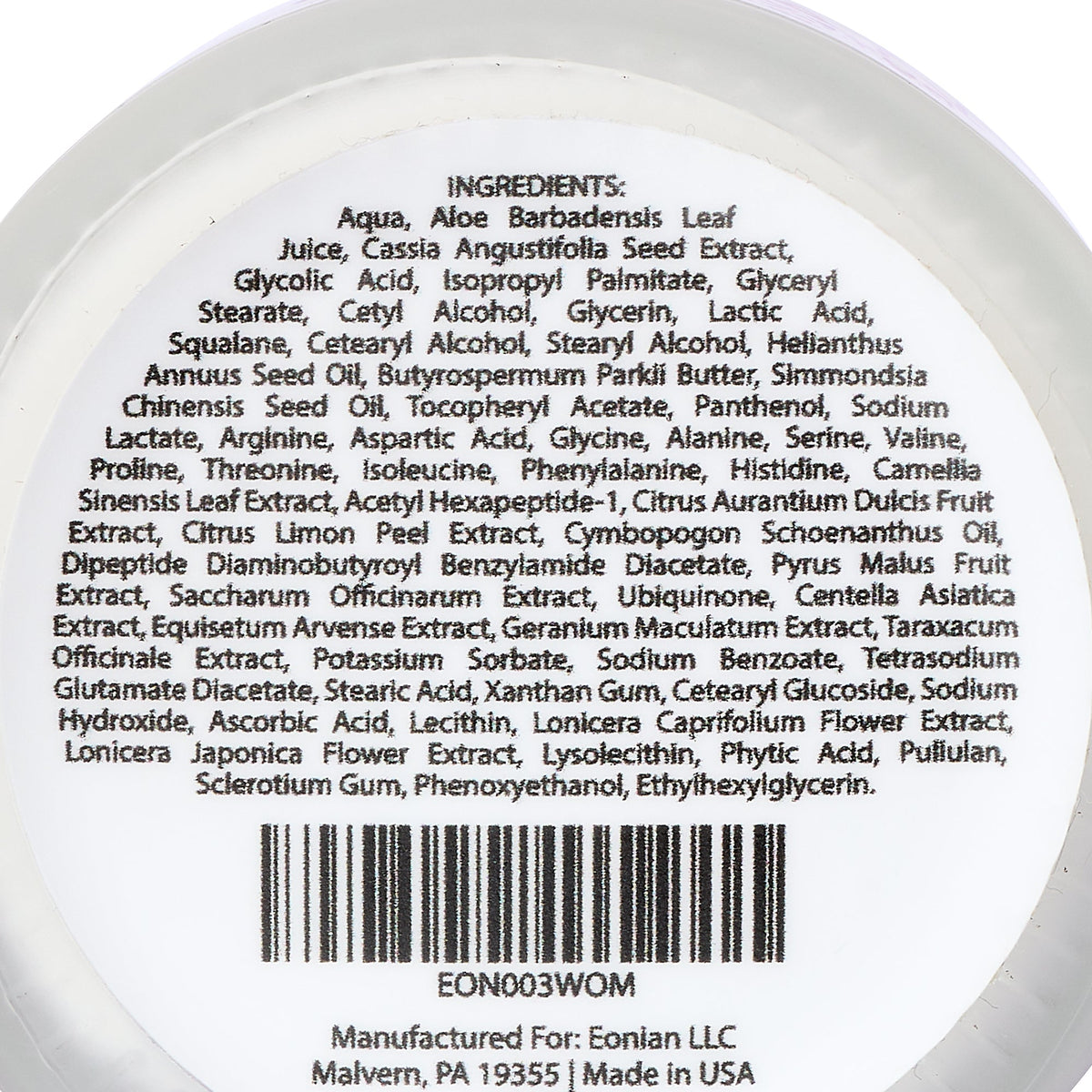 Eonian Skincare Bottom of Supreme structure with ingredient list