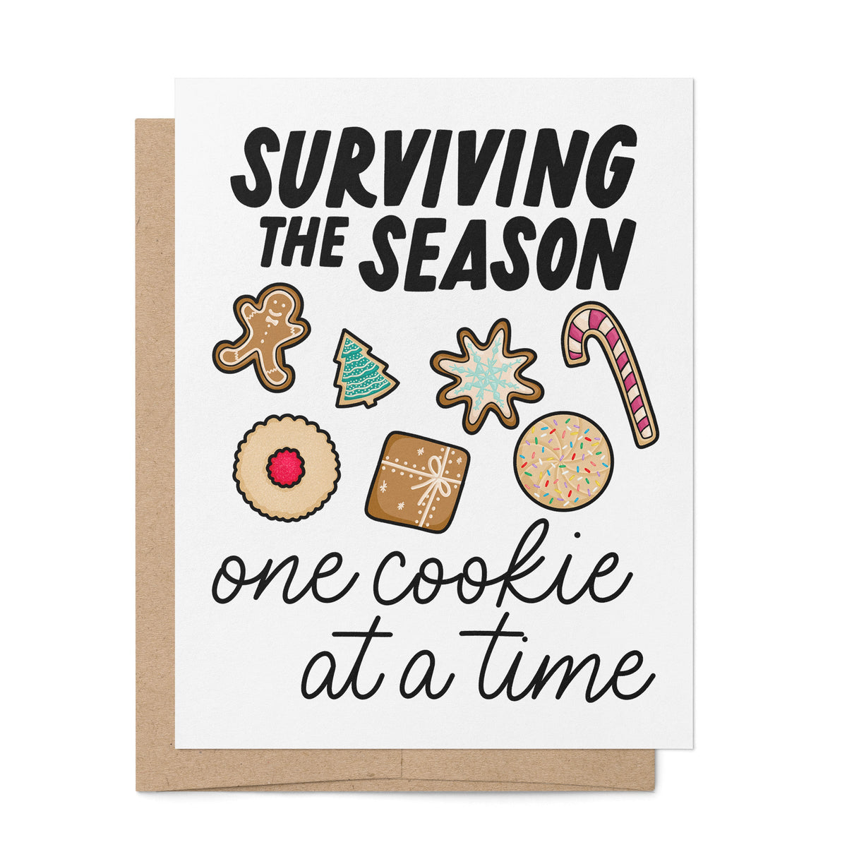 Surviving the Season Cookie Holiday Card flat lay — funny illustrated Christmas cookie greeting card by indie artist MangoIllustrated