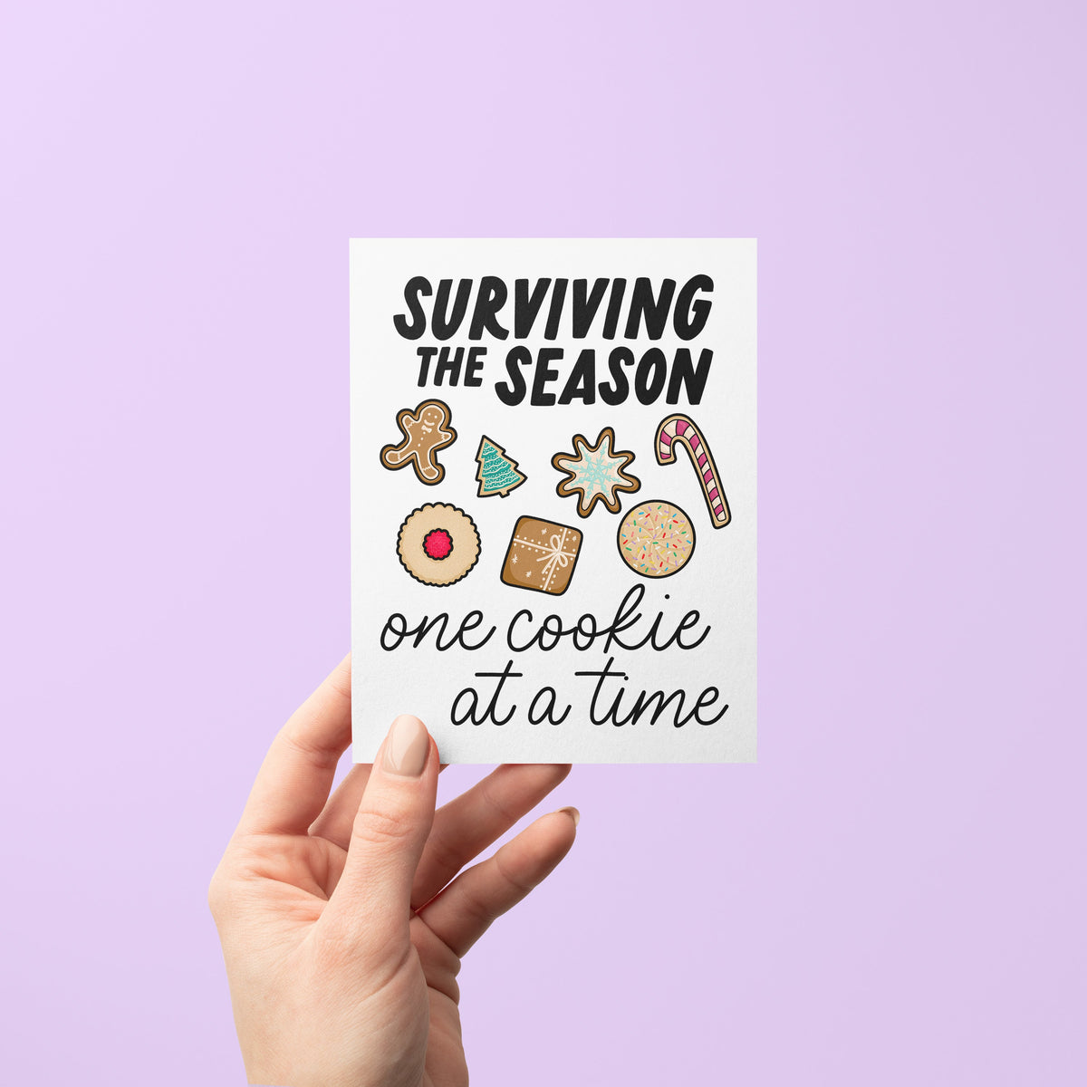 Surviving the Season Cookie Holiday Card detail — hand lettered cookie illustration on matte cardstock by indie artist MangoIllustrated
