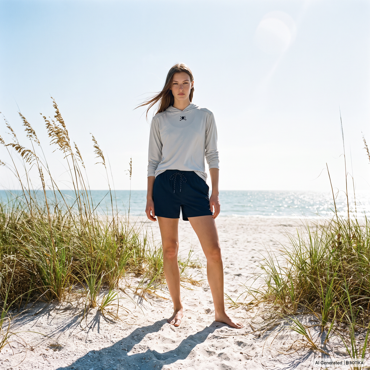 A woman stands on a sandy beach between dune grass, wearing a light gray long-sleeve hooded top with a small black logo on the chest and dark navy drawstring shorts. The ocean and blue sky are visible in the background.