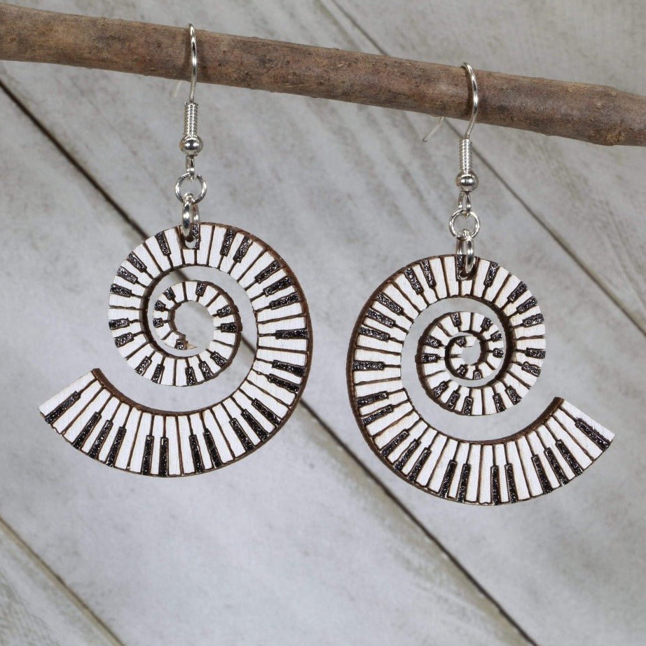 Hand-painted wooden swirl piano keyboard dangle earrings with flowing music design and hypoallergenic sterling silver hooks, lightweight piano statement jewelry earrings for musicians and music lovers 