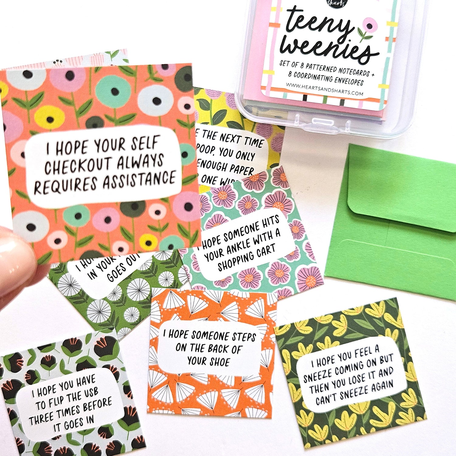 HAVE THE DAY YOU DESERVE - SET 2 - TEENY WEENIES -  8 SMALL NOTECARDS + 8 COORDINATING, SEALING, 2X2 ENVELOPES