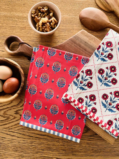 Floral Trellis Block Print Tea Towel