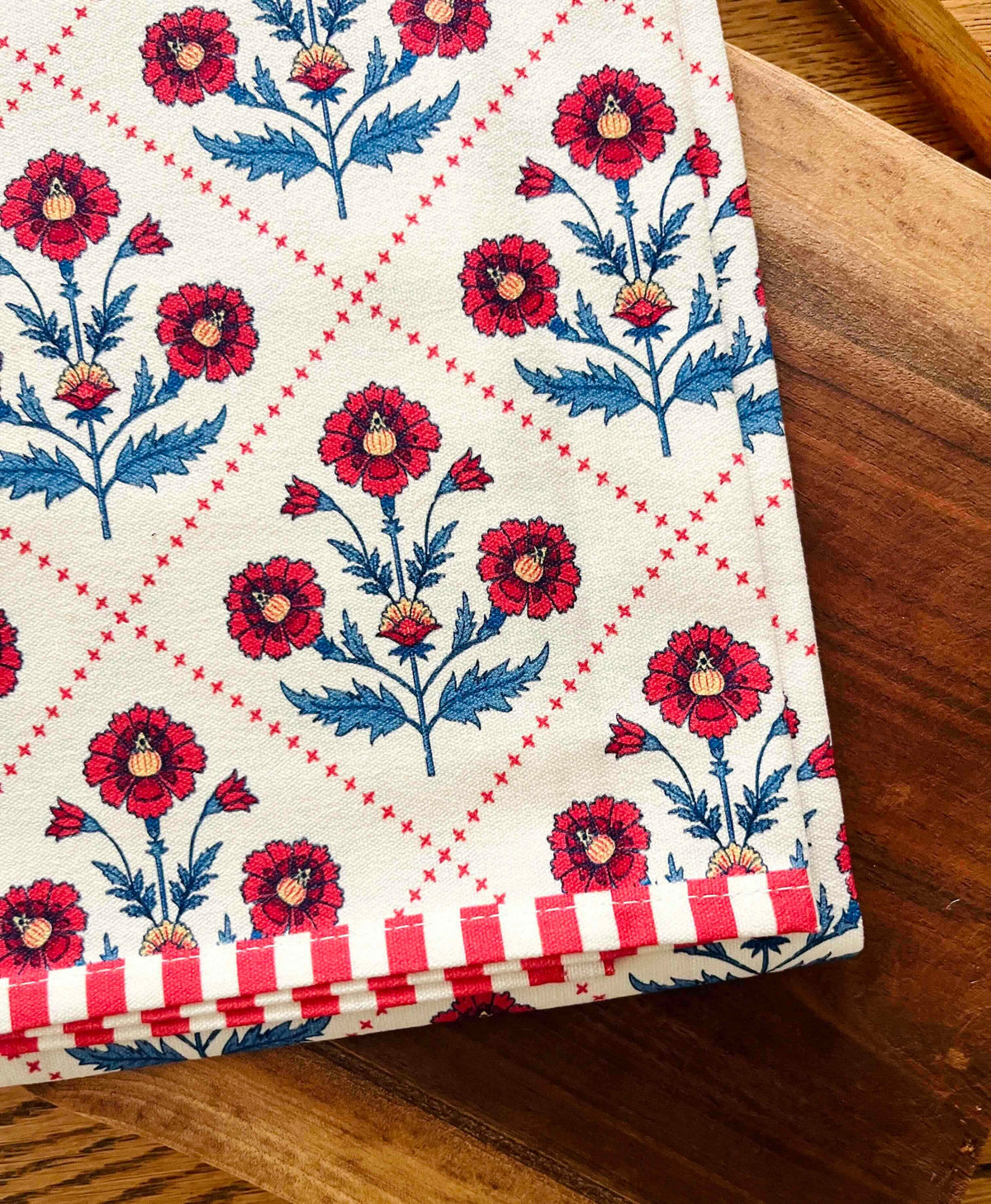 Floral Trellis Block Print Tea Towel