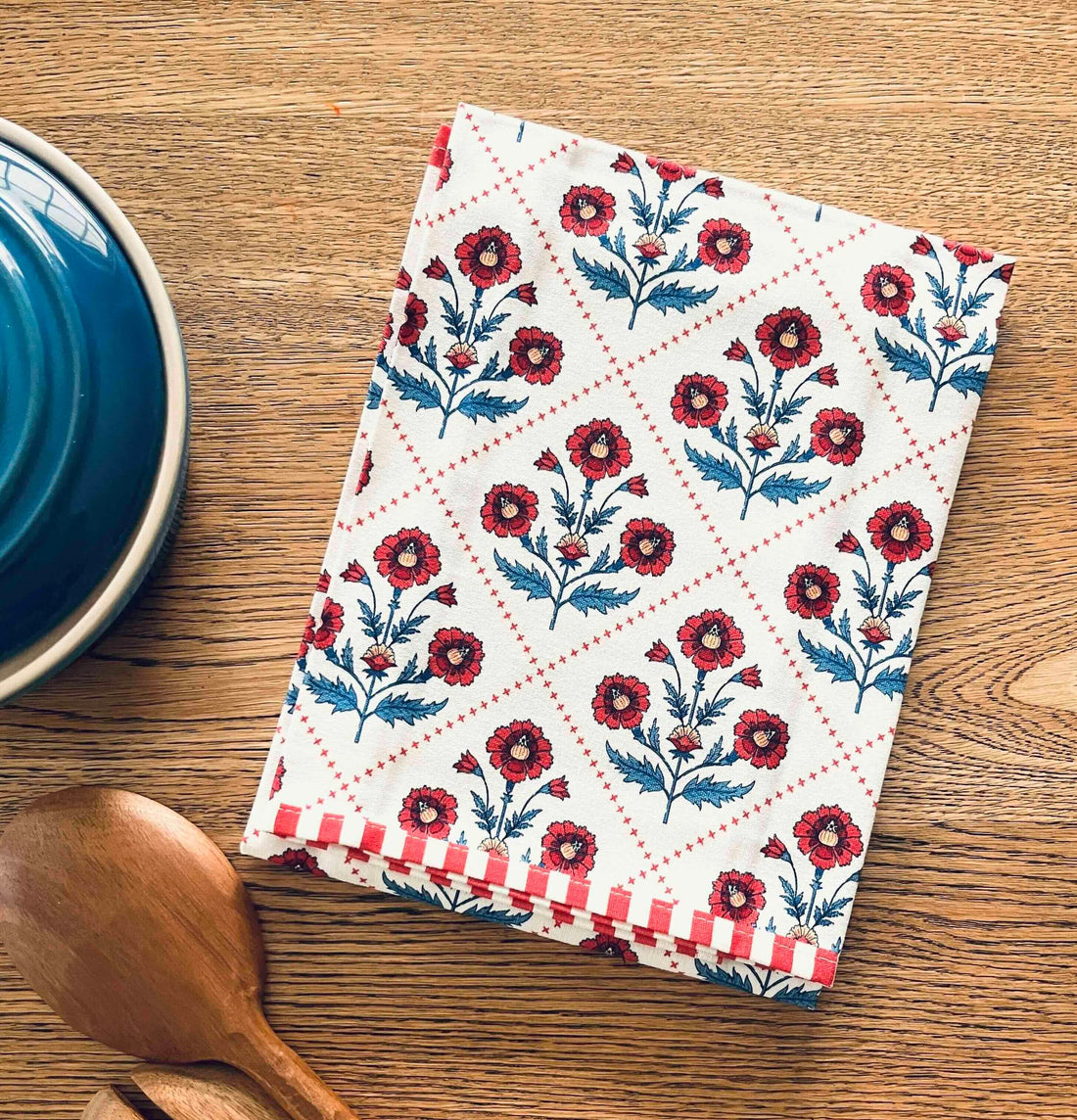 Floral Trellis Block Print Tea Towel