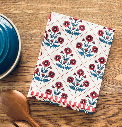 Floral Trellis Block Print Tea Towel