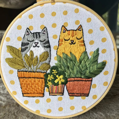 Tabby Cat and Plants Hand Embroidery