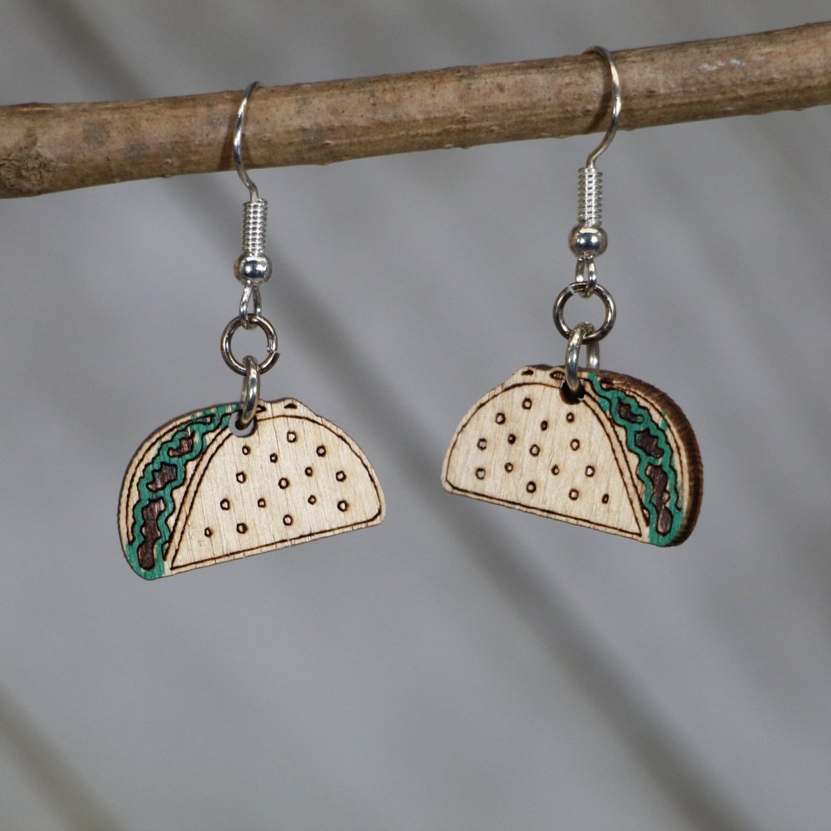 Hand-painted wooden taco dangle earrings with playful foodie design and hypoallergenic sterling silver hooks, lightweight taco statement jewelry earrings for Mexican food lovers and fiesta style
