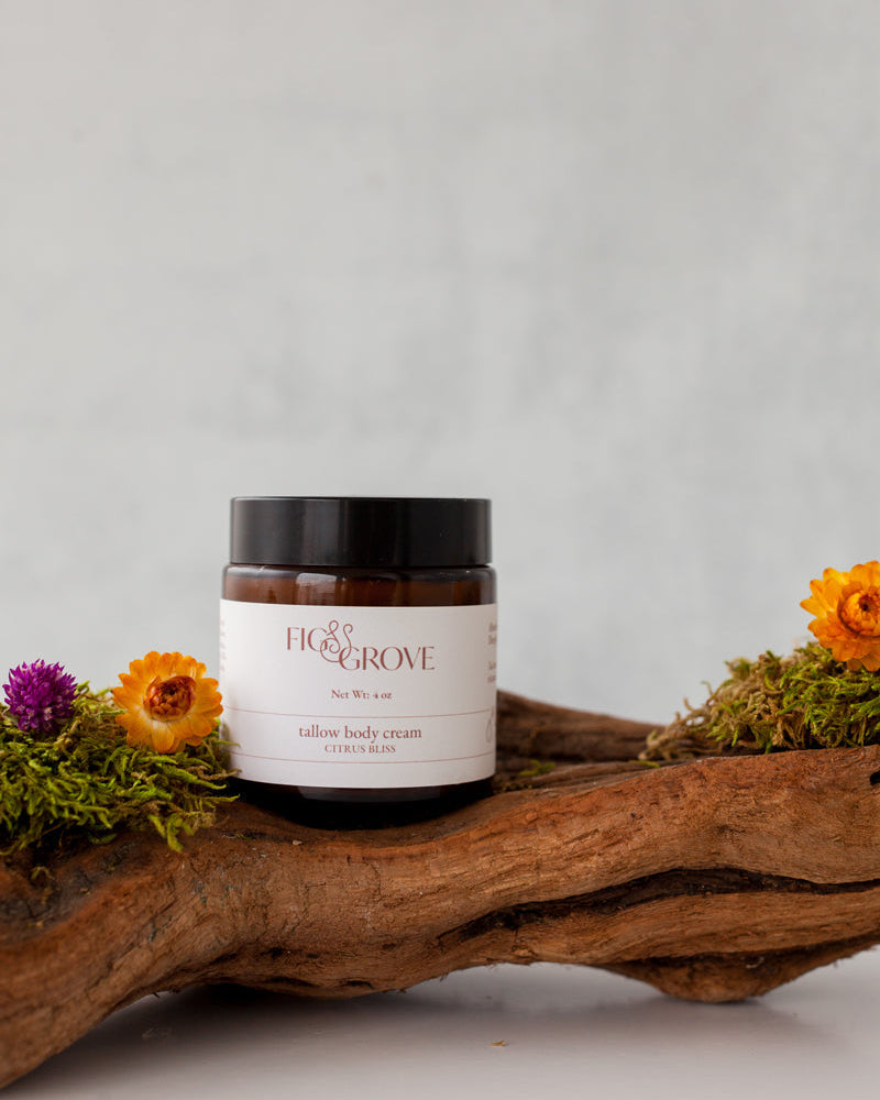 Regenerative suet tallow body cream infused with calendula &amp; dandelion and scented with essential oils a 4 oz amber glass jar