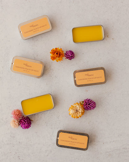 Fig &amp; Grove Tangerine Lip Salve in aluminum tin, natural beeswax lip balm with olive oil and mango butter.