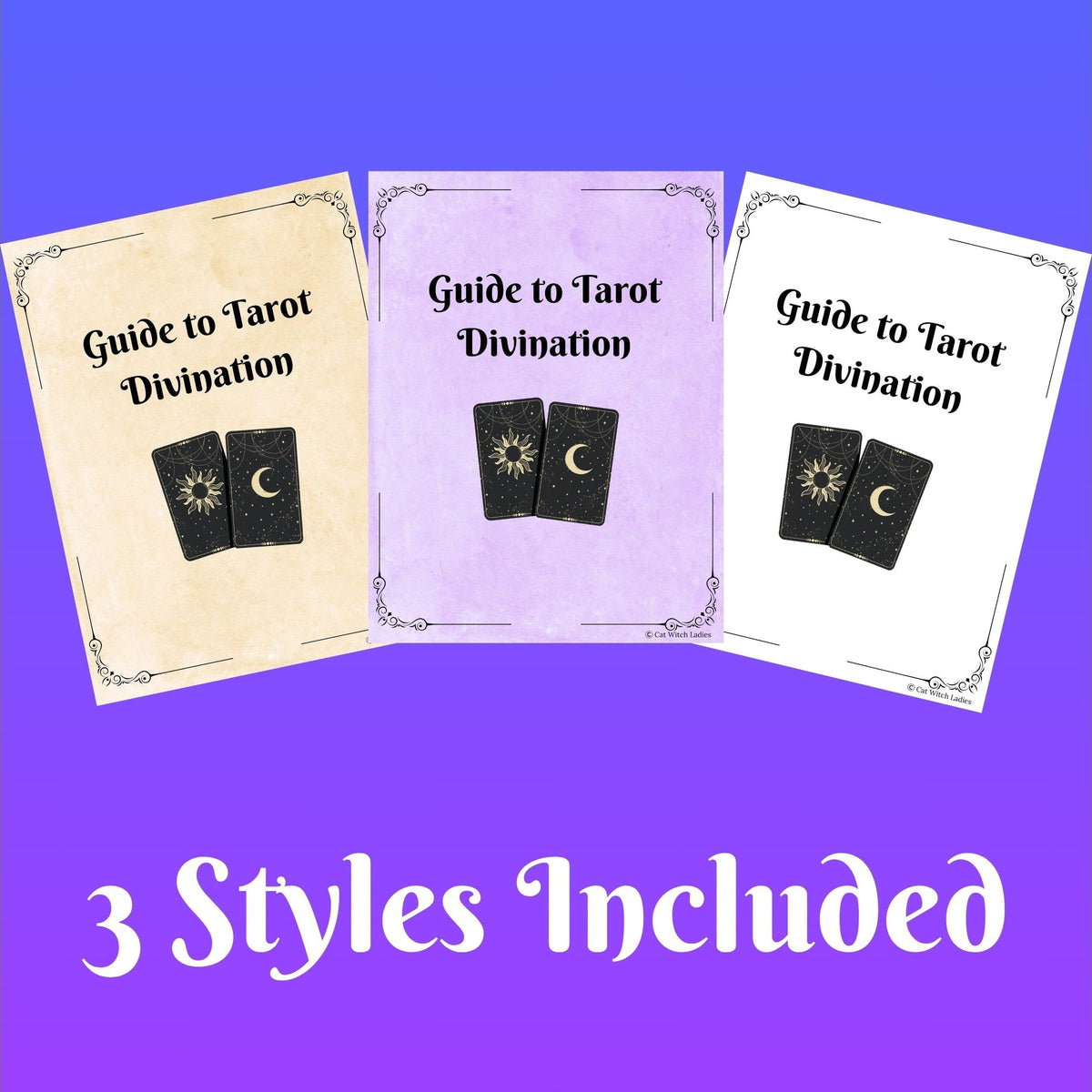 Three tarot guide book covers are shown on a purple gradient background with the text &