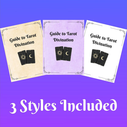 Three tarot guide book covers are shown on a purple gradient background with the text &