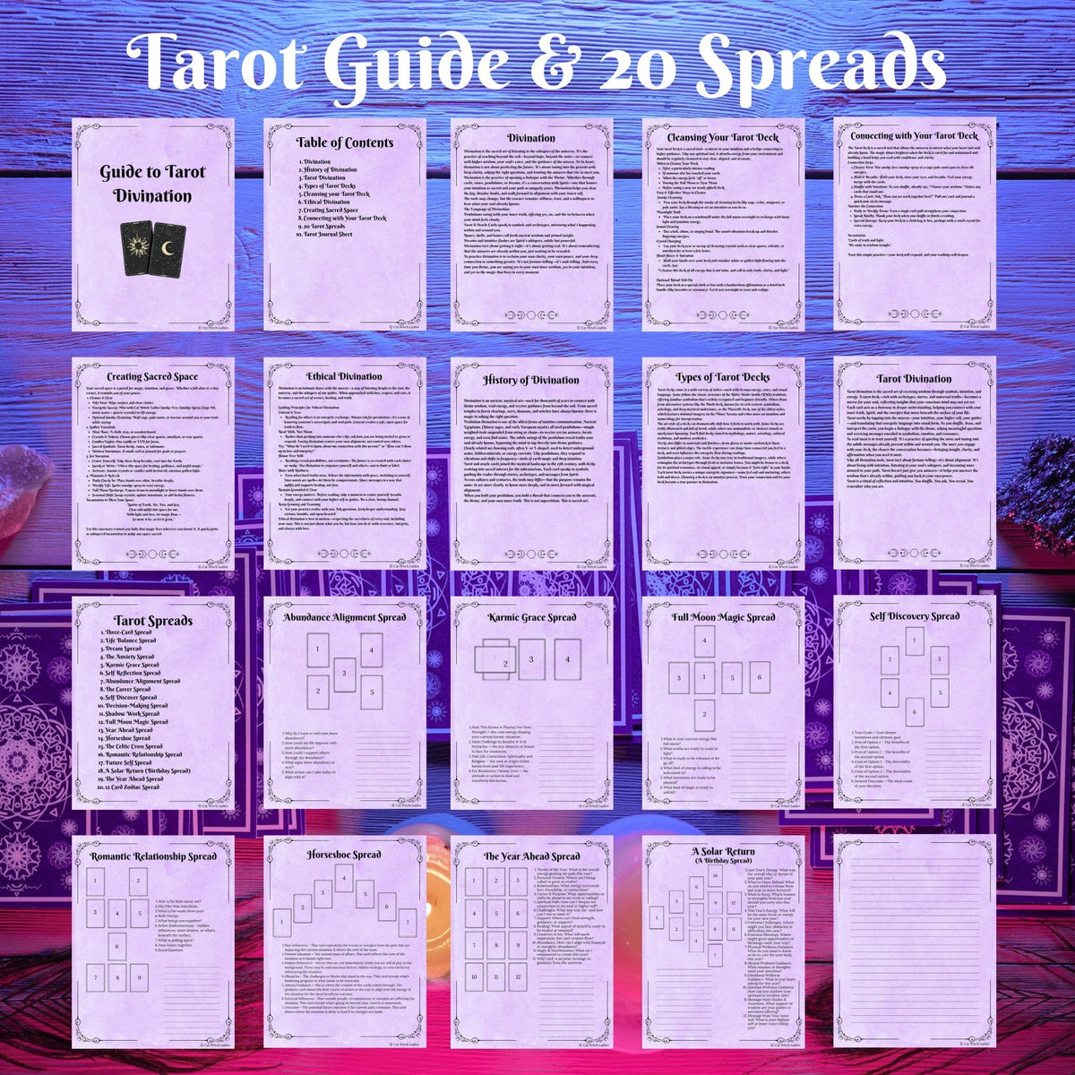 A digital preview sheet for a tarot guide and 20 spreads, showing multiple printed cards laid out on a purple wood-textured background. The title &