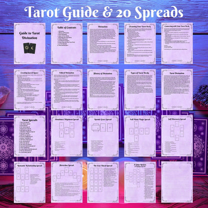 A digital preview sheet for a tarot guide and 20 spreads, showing multiple printed cards laid out on a purple wood-textured background. The title &