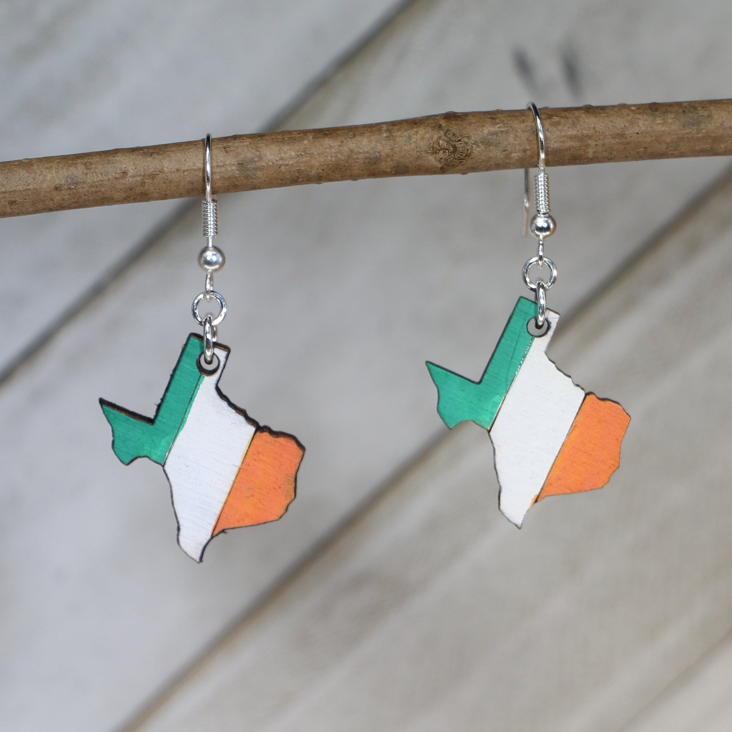 Hand-painted wooden Texas Irish flag dangle earrings with bold Texas and Ireland pride design and hypoallergenic sterling silver hooks, lightweight cultural fusion jewelry for Irish Texans and festive celebrations by Cate’s Concepts
