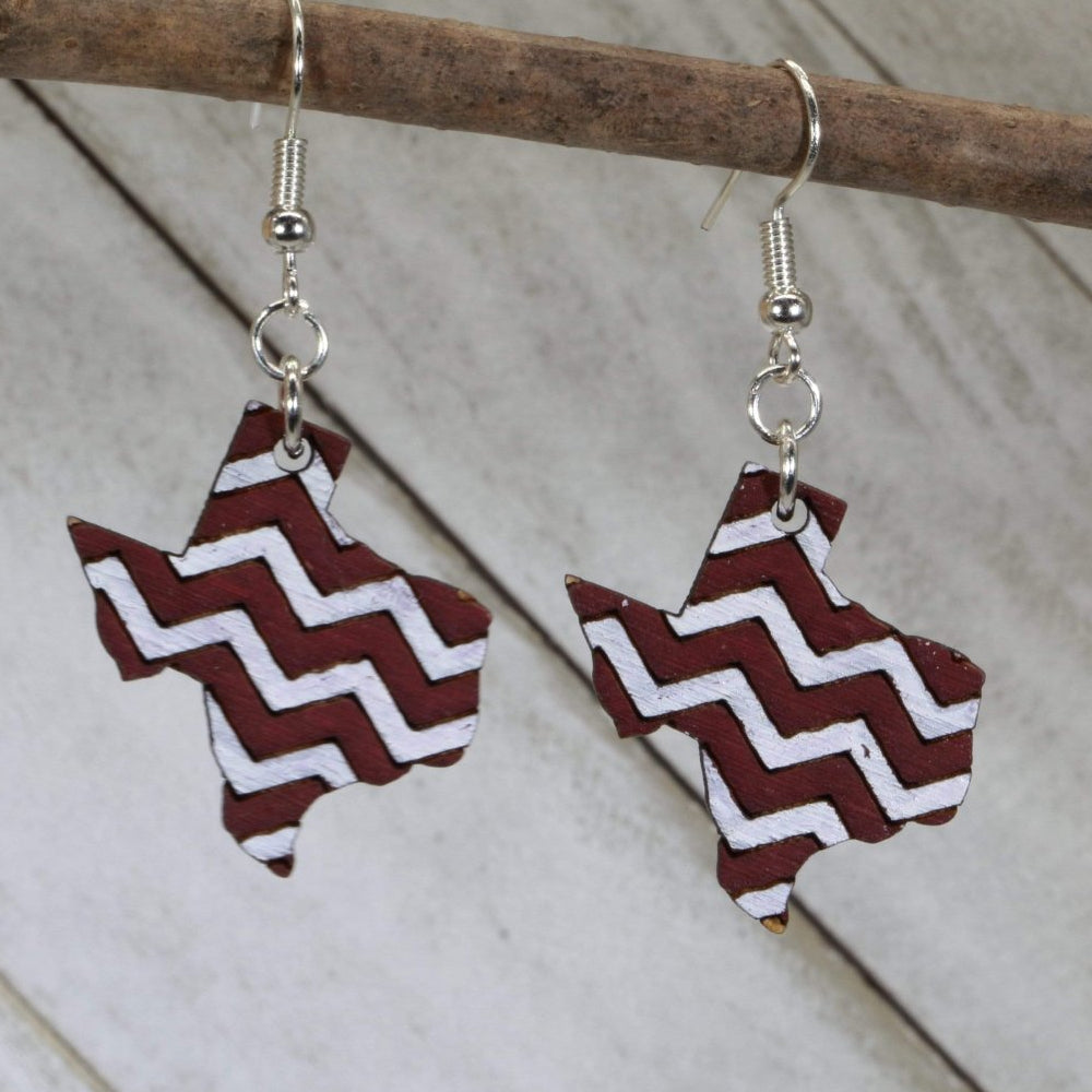 Hand-painted wooden Texas maroon white chevron dangle earrings with bold geometric state design and hypoallergenic sterling silver hooks, lightweight Texas statement jewelry earrings for southern style