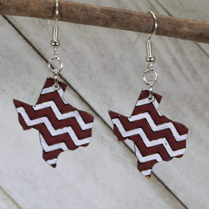 Hand-painted wooden Texas maroon white chevron dangle earrings with bold geometric state design and hypoallergenic sterling silver hooks, lightweight Texas statement jewelry earrings for southern style