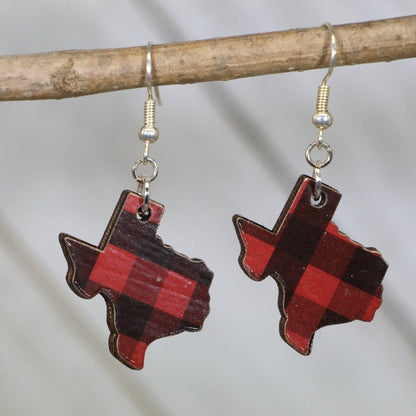 Hand-painted wooden Texas state buffalo plaid dangle earrings with rustic checkered design and hypoallergenic sterling silver hooks, lightweight Texas statement jewelry earrings for farmhouse style and state pride