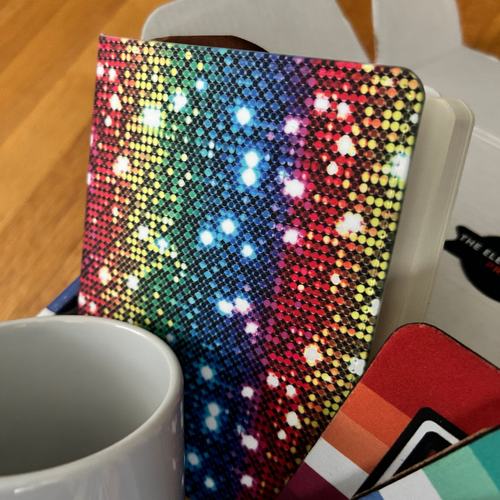 Closeup of the rainbow sparkle journal