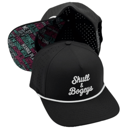 A black structured snapback cap with white embroidered text reading &