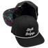 A black structured snapback cap with white embroidered text reading &