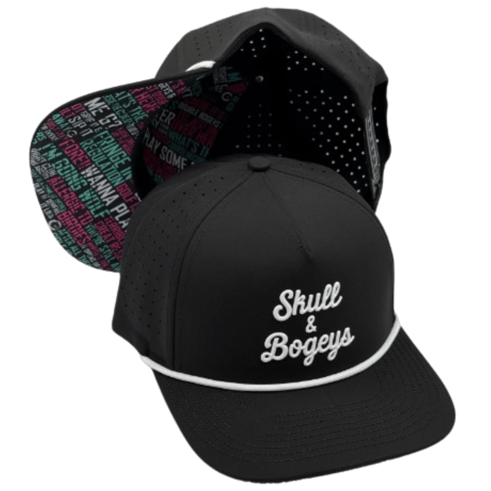 Skull &amp; Bogeys black golf snapback hat with white script embroidery and white rope