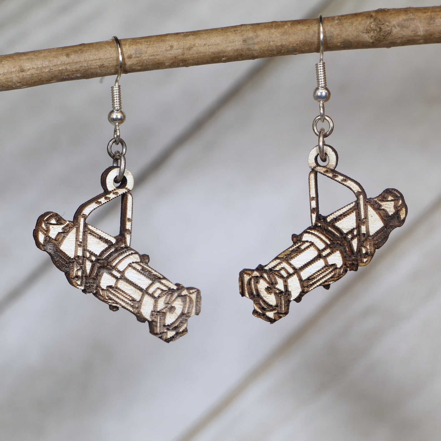 Hand-painted wooden theater stage light dangle earrings with spotlight design and hypoallergenic sterling silver hooks, performing arts statement jewelry earrings for actors and theater lovers