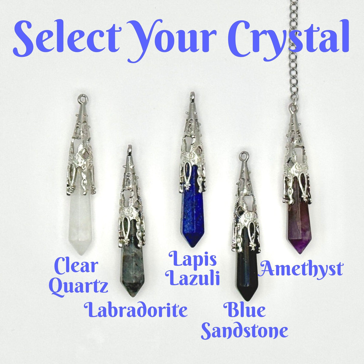 A product selection graphic showing four crystal pendant necklaces with silver filigree settings and labeled stones: Clear Quartz, Lapis Lazuli, Blue Sandstone, and Amethyst. The image includes the text &