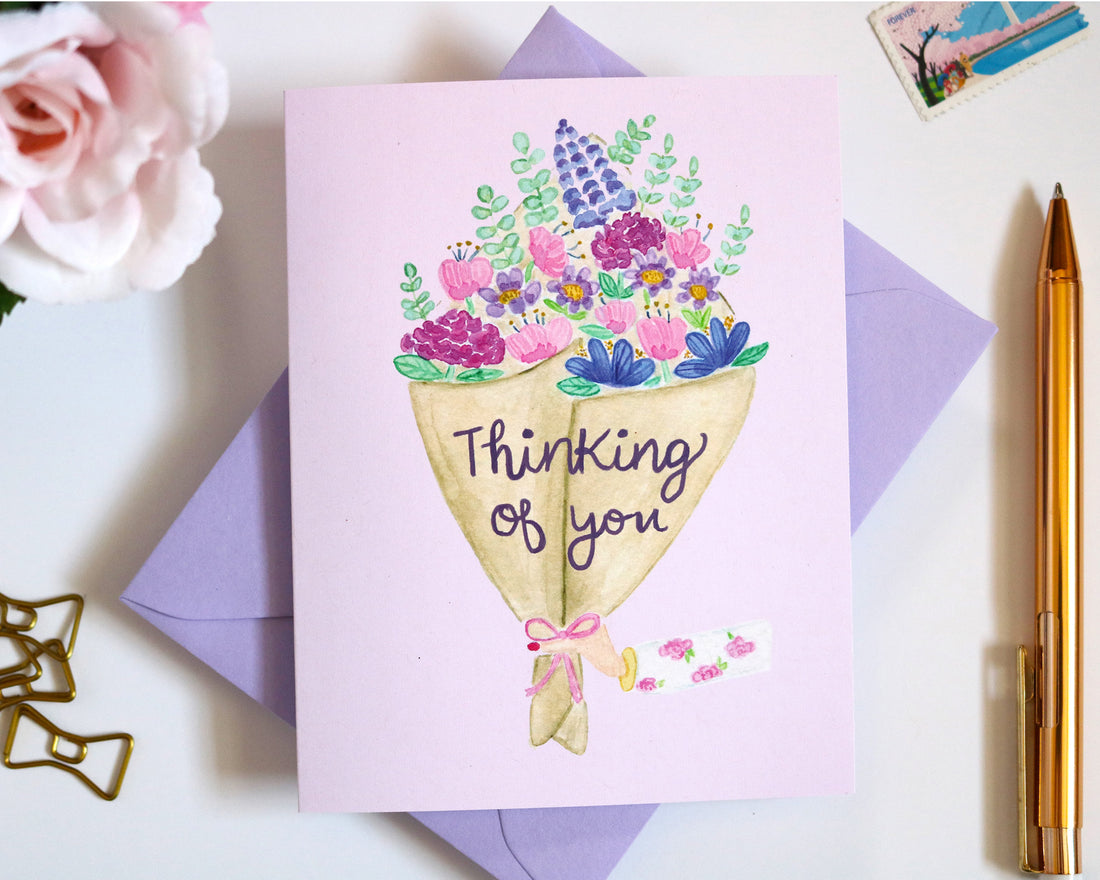 Thinking of You Watercolor Flower Bouquet Greeting Card
