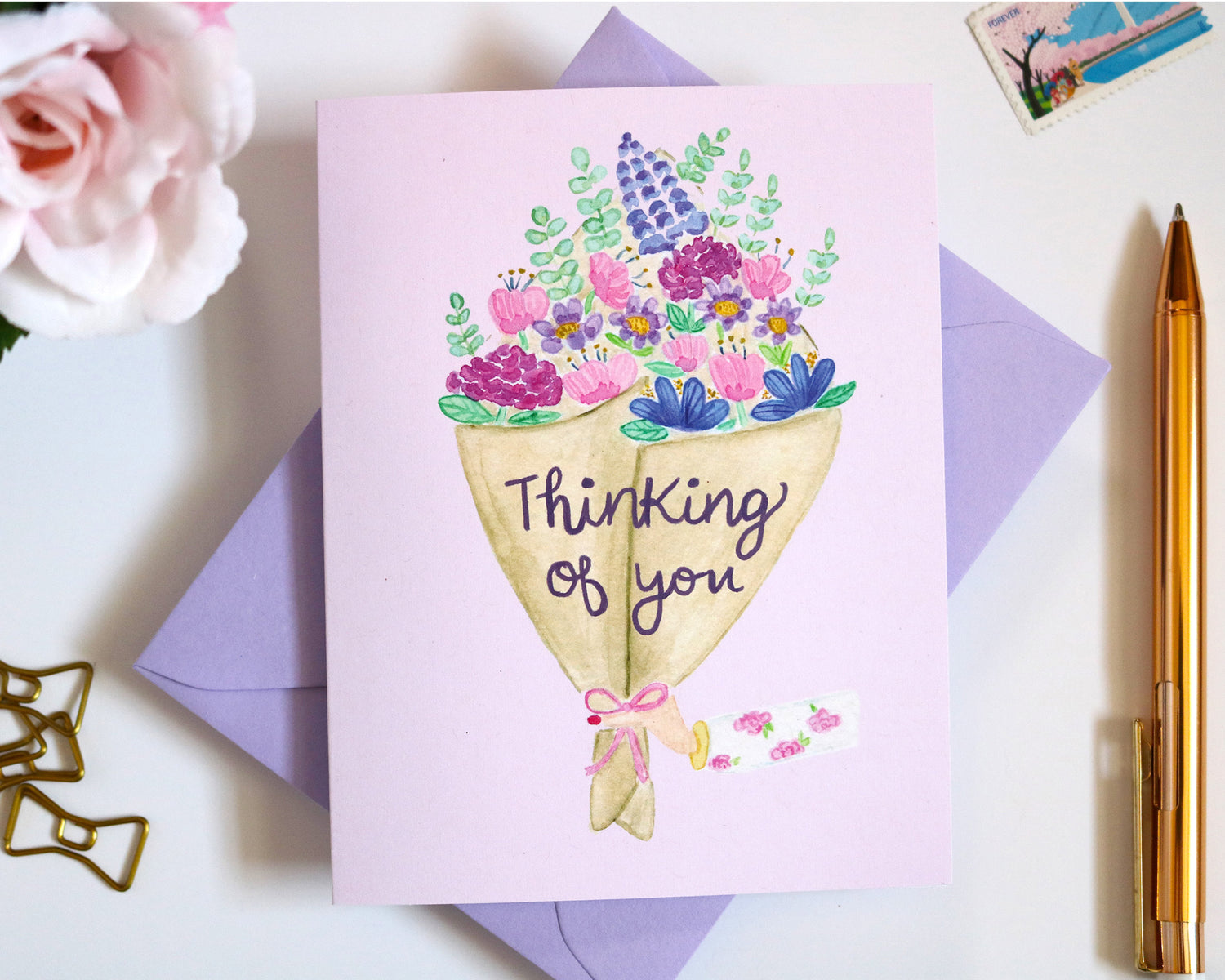 Thinking of You Watercolor Flower Bouquet Greeting Card